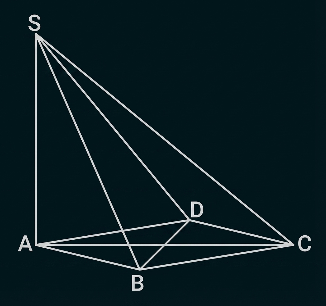 Dreidimensionale Geometrie-Skizze mit Punkten A, B, C, D und S, mehreren Verbindungs- und Diagonallinien.